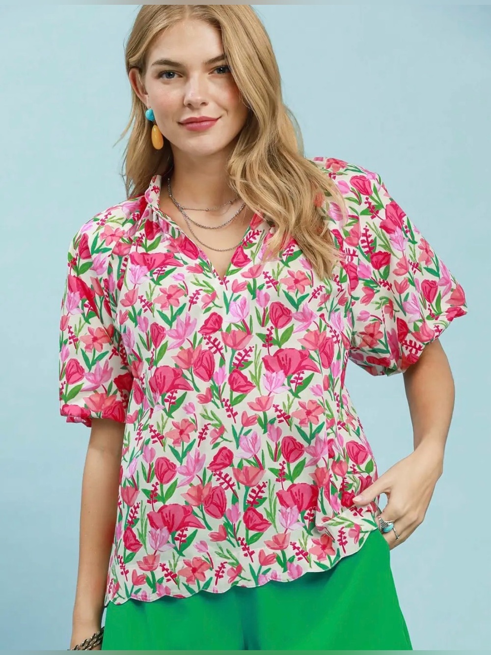 Umgee Floral Puff Sleeve Blouse with Scalloped Details